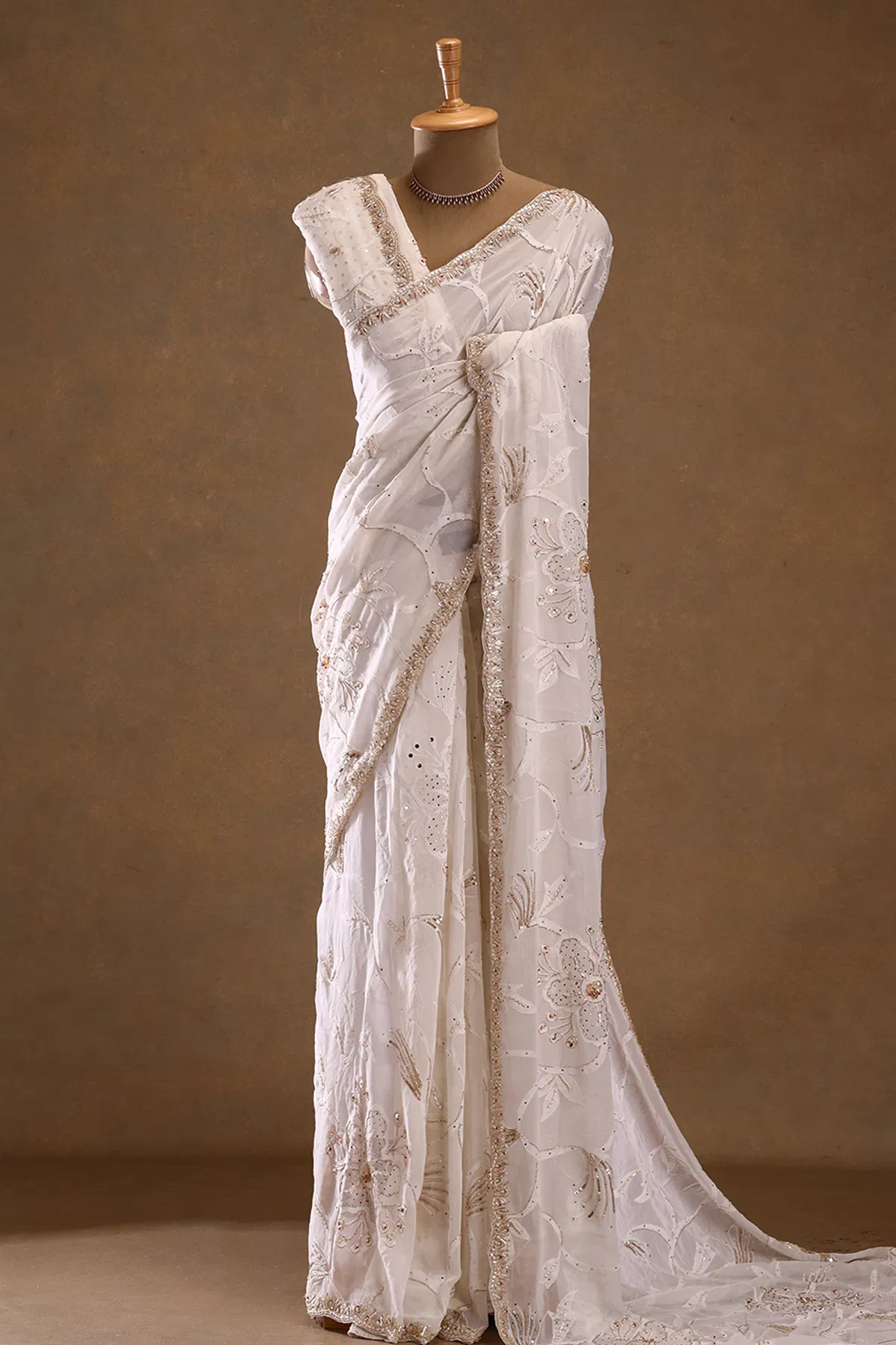 White pearl embroidered georgette designer saree